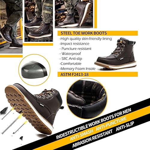 Miniatura 10 de Botas de trabajo impermeables con punta de acero para hombre, botas de trabajo de cuero de 6 pulgadas para hombre, zapatos de punta de acero