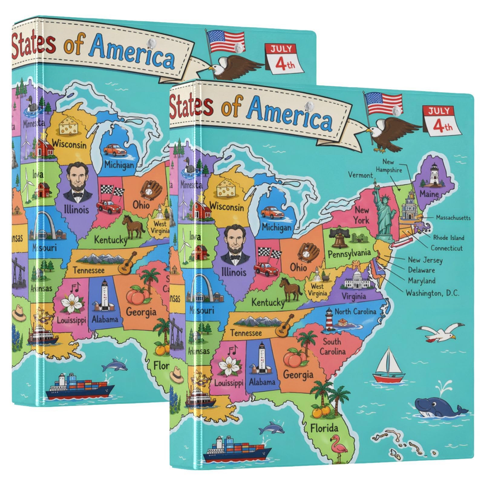 United States Map 3 Ring Binder with 2 Interior Pockets 1.5 inch Binders 3 Ring Heavy Duty Fit 8.5" x 11" Letter Size for Office School, 2 Pack