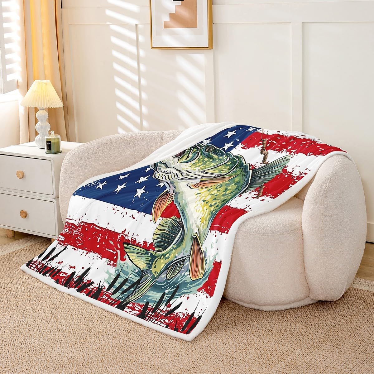 Feelyou Big Pike Fishing Fleece Throw Blanket American Flag Sherpa Blanket for Kids Women Men Plush Fuzzy Camo Twin 60"x80" Hunting and Fishing for Bed Couch Chair Living Room Bedroom Decor image 2