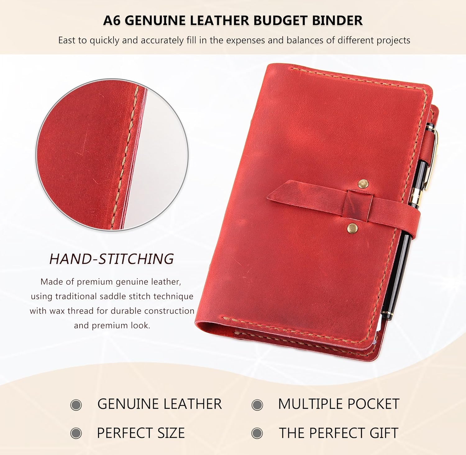 Leather Binder Budget with Cash Envelopes, Handmade Leather A6 Binder for Money Saving Planner, Cash Envelopes for Budgeting, Money Organizer for Cash - Wine
