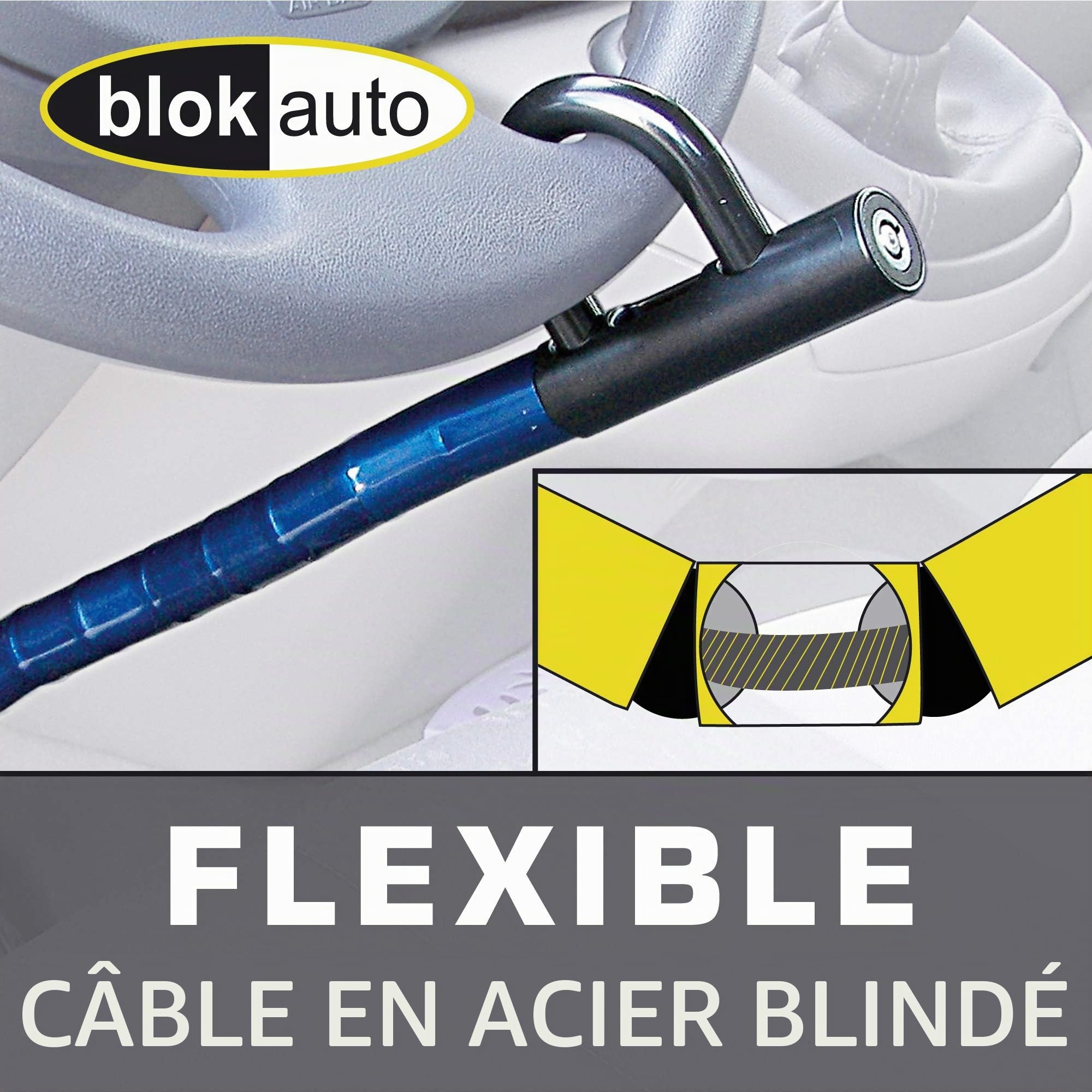 905 Antivol Voiture Volant Pedale Flexible, Câble d'Acier Articulé, Haute Sécurité Réglable, Bloc Canne Barre Anti Vol Clef Universelle pour Bloque Auto, Camping Car, Van, Camionette