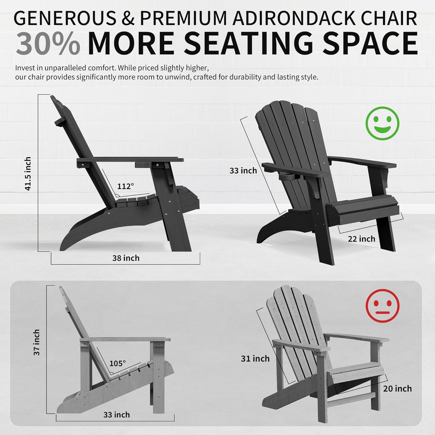 Psilvam Adirondack Chair, Oversized Poly Lumber Fire Pit Chair with Cup Holder, 350Lbs Support Patio Chairs for Garden, Weather Resistant Outdoors Seating, Relaxing Gift for Father & Mother (2, Black)