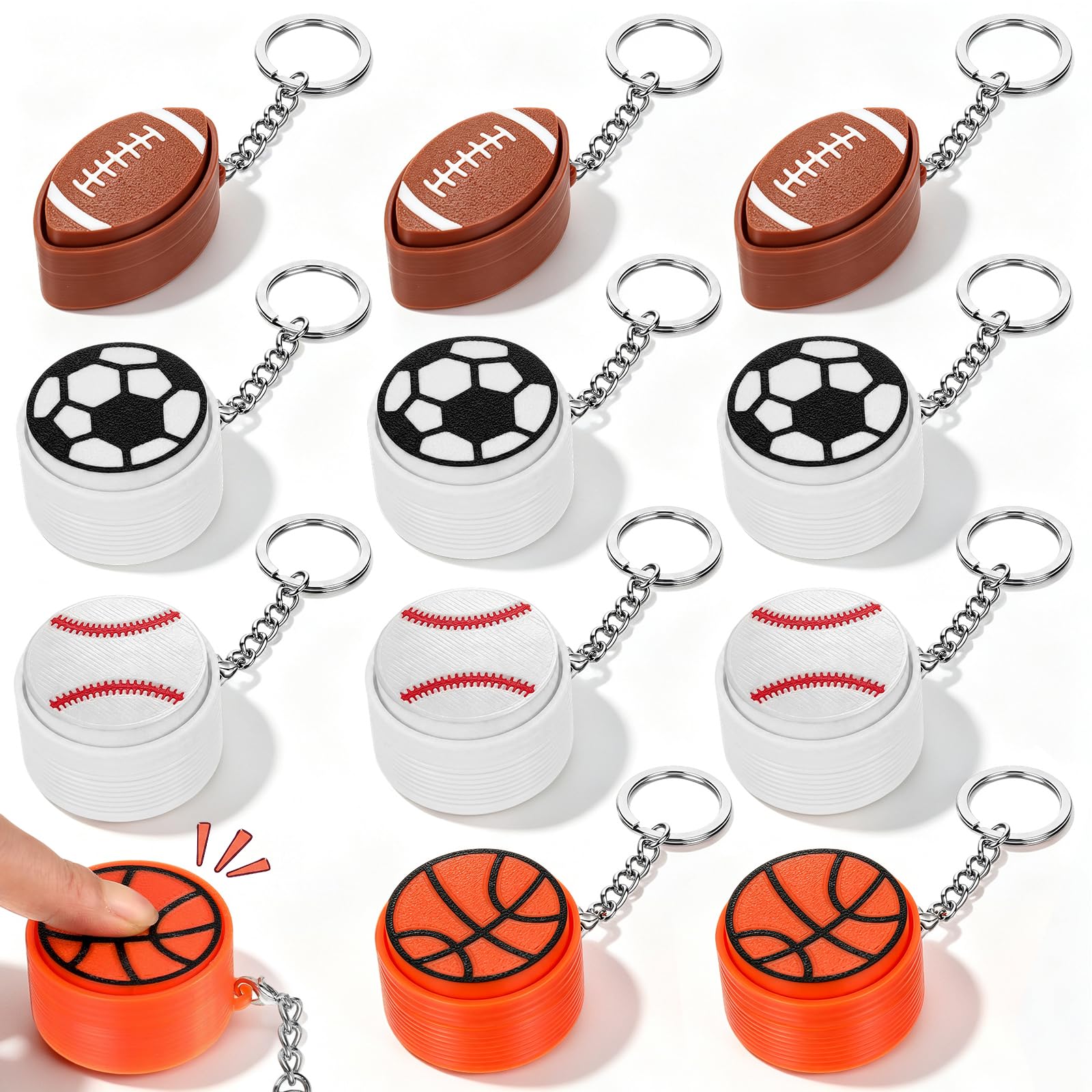 Wettarn 12 Pcs Sport Ball Fidget Clicker Keychains 3D Printed Sensory Toy for Stress Relief Autism Hyperactivity Party Favor Goodie Bag Stuffer Birthday Gift, Football, Basketball, Baseball & Soccer