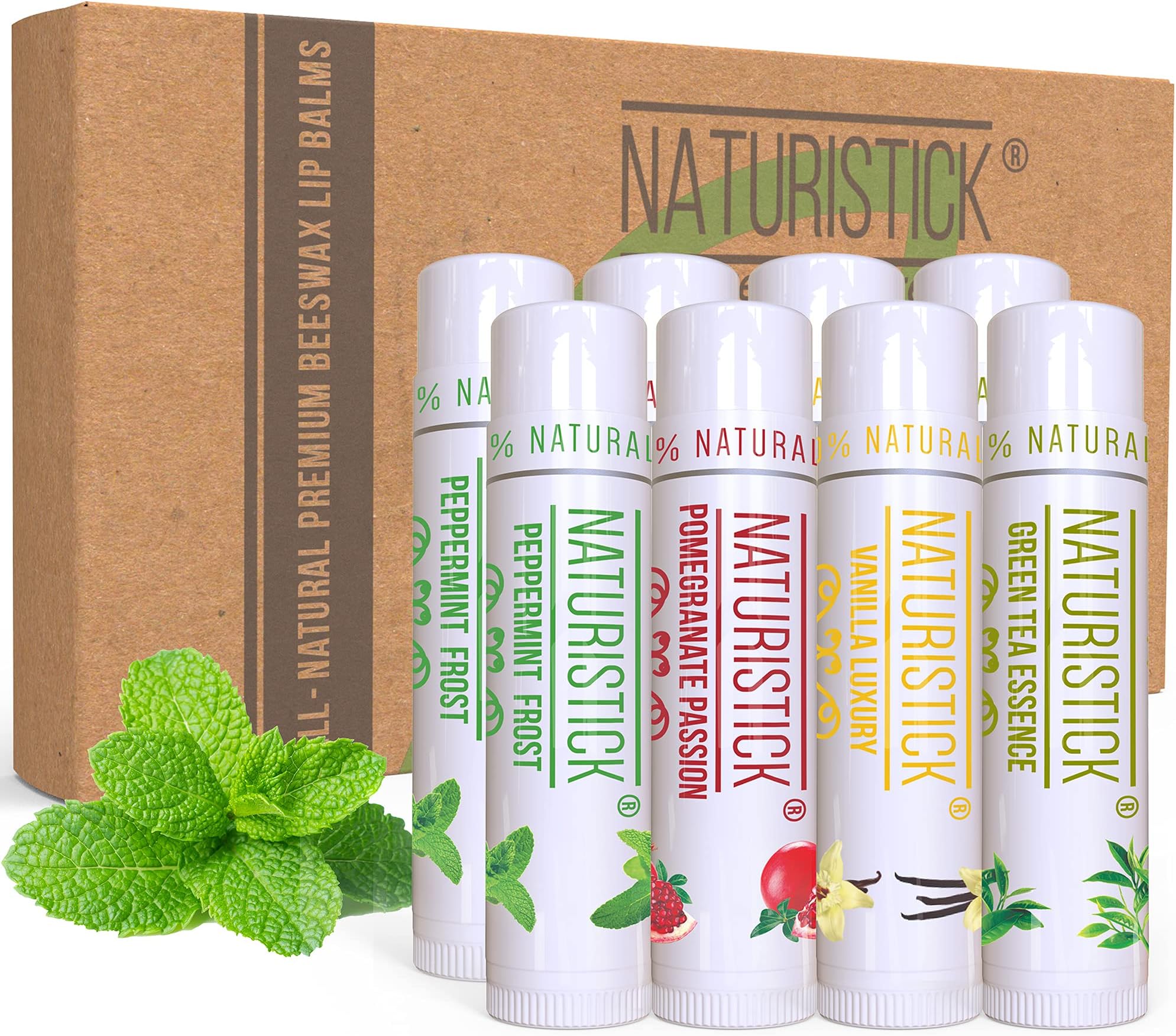 Natural Beeswax Lip Balm 8-Pack | Assorted Flavors | Standard 0.15 oz Tubes