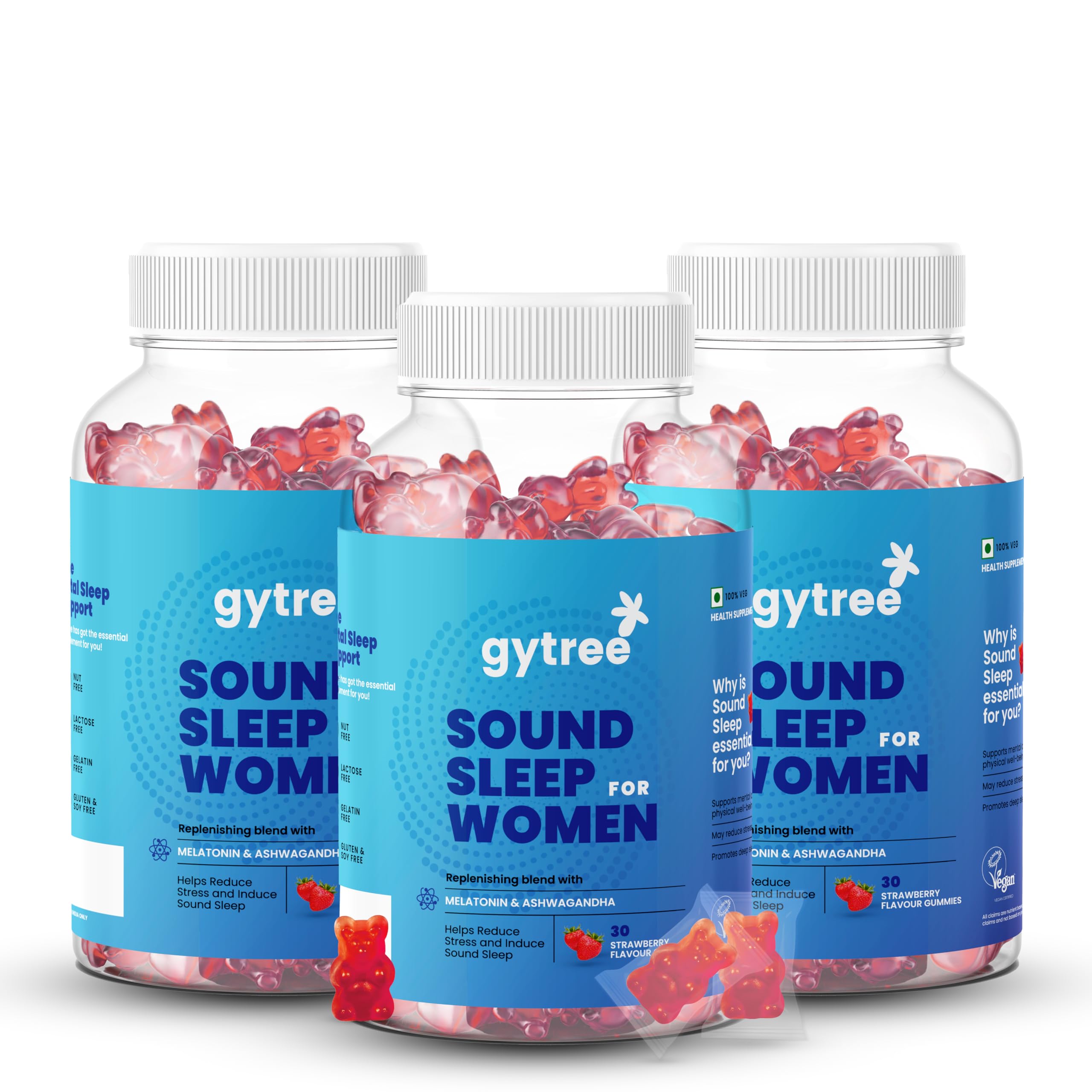 gytree sound sleep gummies for women with melatonin & ashwagandha | non-addictive sleep gummies | improves sleep, relaxes nerves & busts stress | sleep supplement | strawberry flavour (pack of 90)