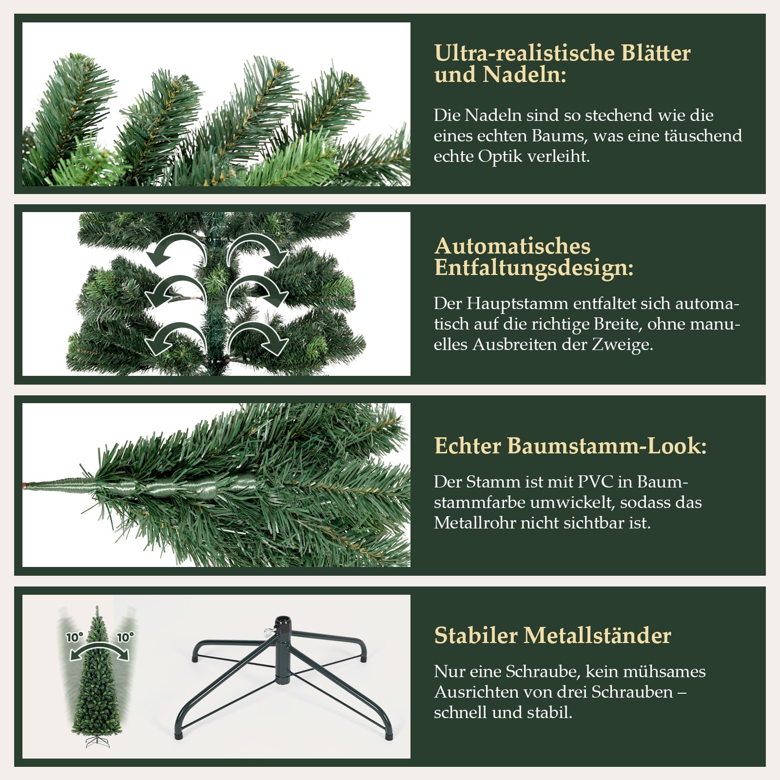 SALCAR Künstlicher Weihnachtsbaum Slim 180 cm, Tannenbaum Künstlich mit Handschuhen und Metallständer, Bleistift Christbaum PVC Grün