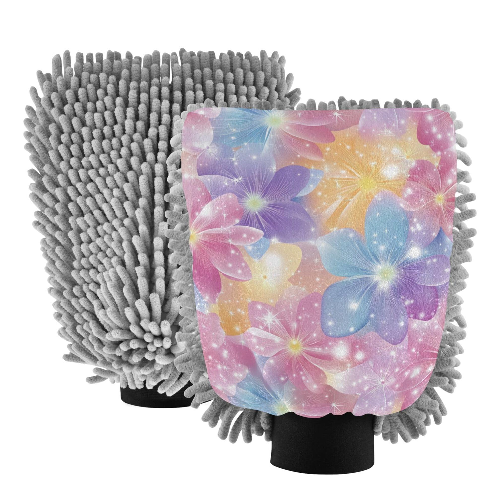 Beautiful Flowers Microfiber Mitt for Cars 11.8'' Cars Washing Mitts Scratch-Free Detailing Clean Rag for Hand Brush Cleaning