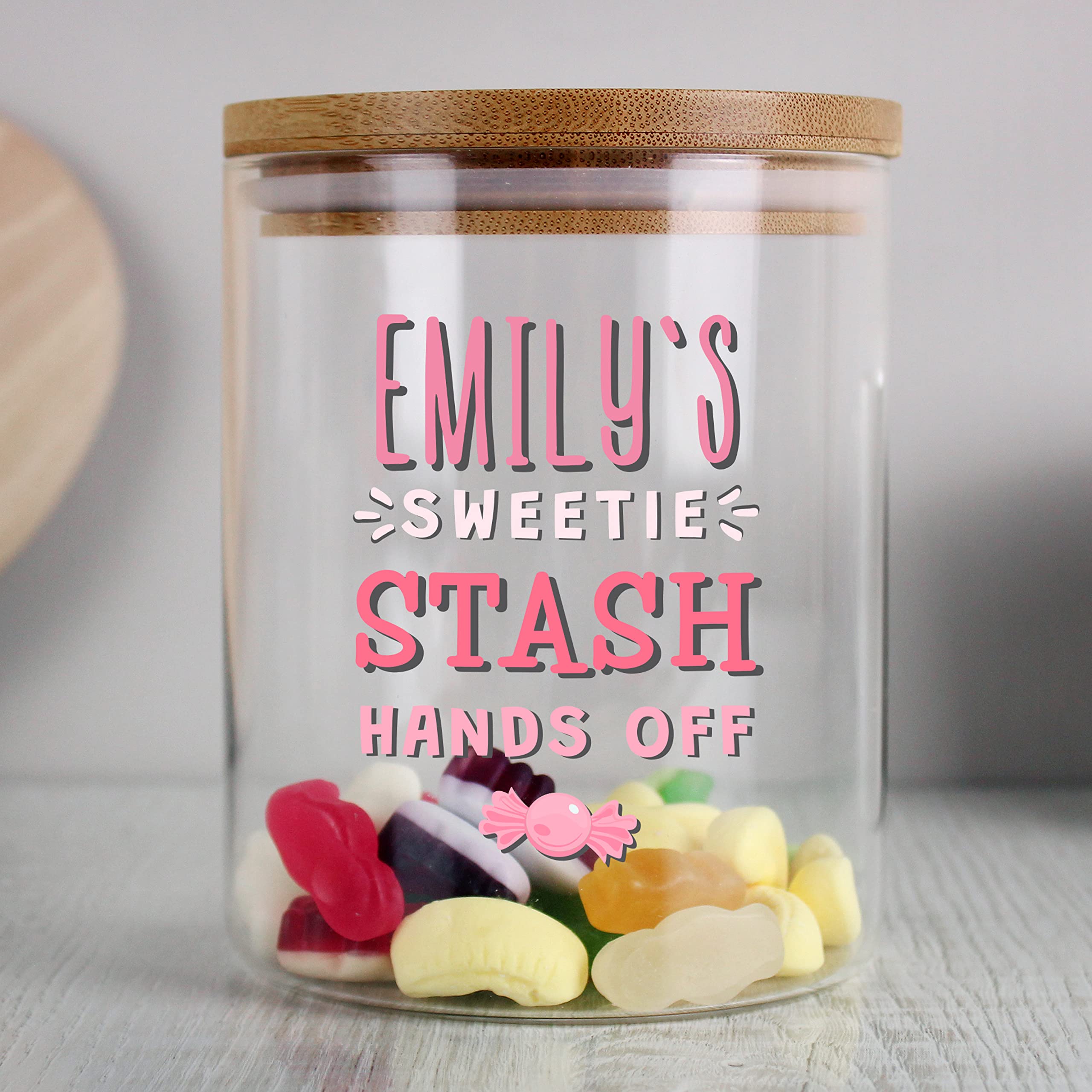 Personalised Memento Custom Sweetie Stash Glass Jar with Bamboo Lid - For Birthday, Thank You, Wedding, Christmas