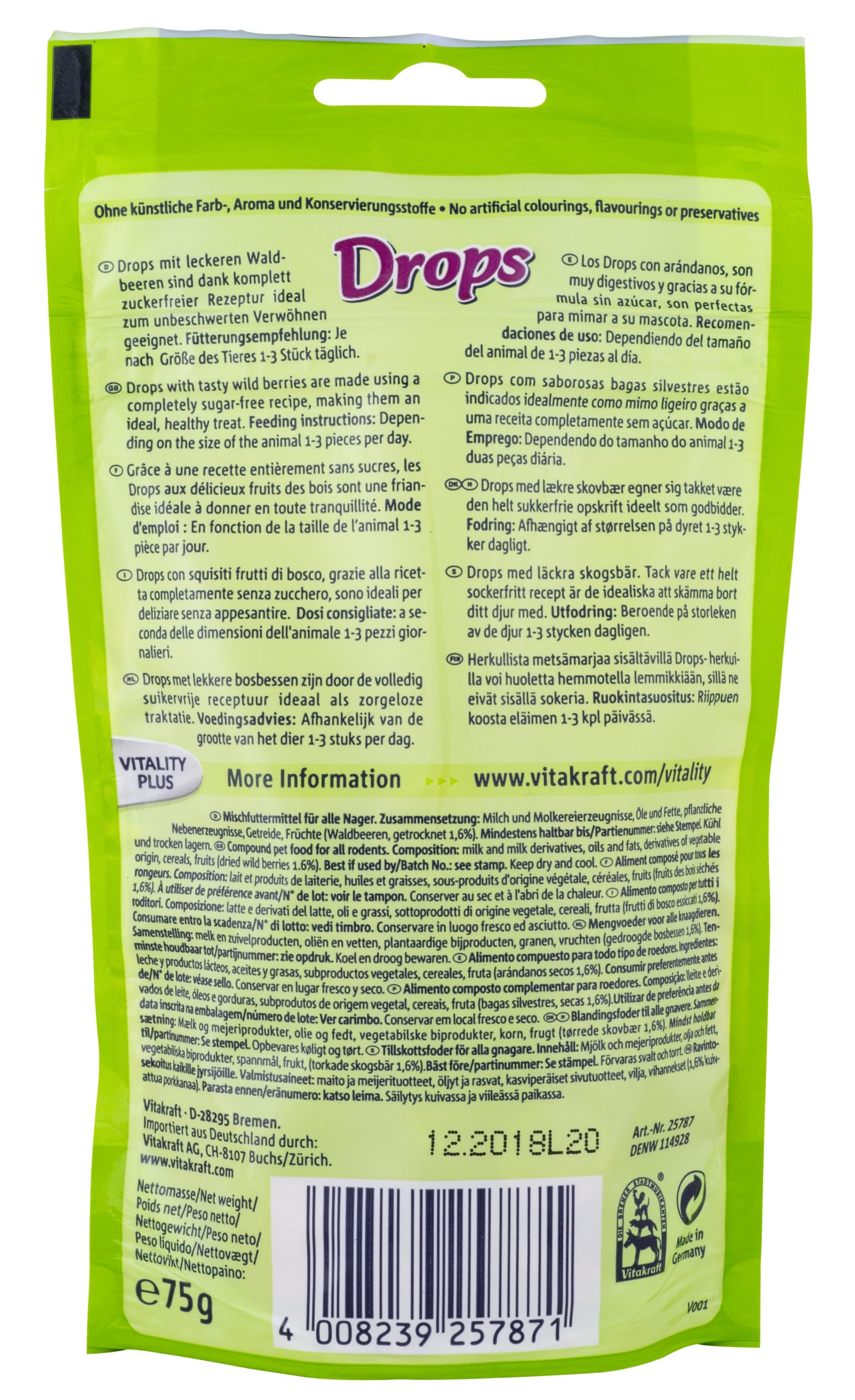 Vitakraft Krople, smakołyki dla gryzoni, z leśnymi jagodami, karma dla gryzoni, do rozpieszczania, bez dodatku cukru (1 x 75 g)