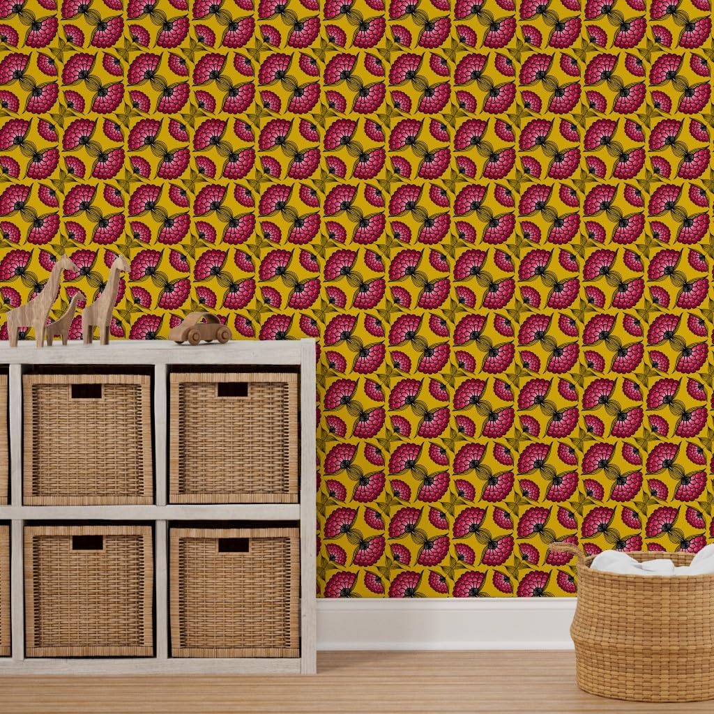 Peel & Stick Wallpaper 3ft x 2ft - Africa Inspired Art Print Mustard Yellow Colourful Memphis Vibrant Pink Bold Floral Custom Removable Wallpaper by Spoonflower