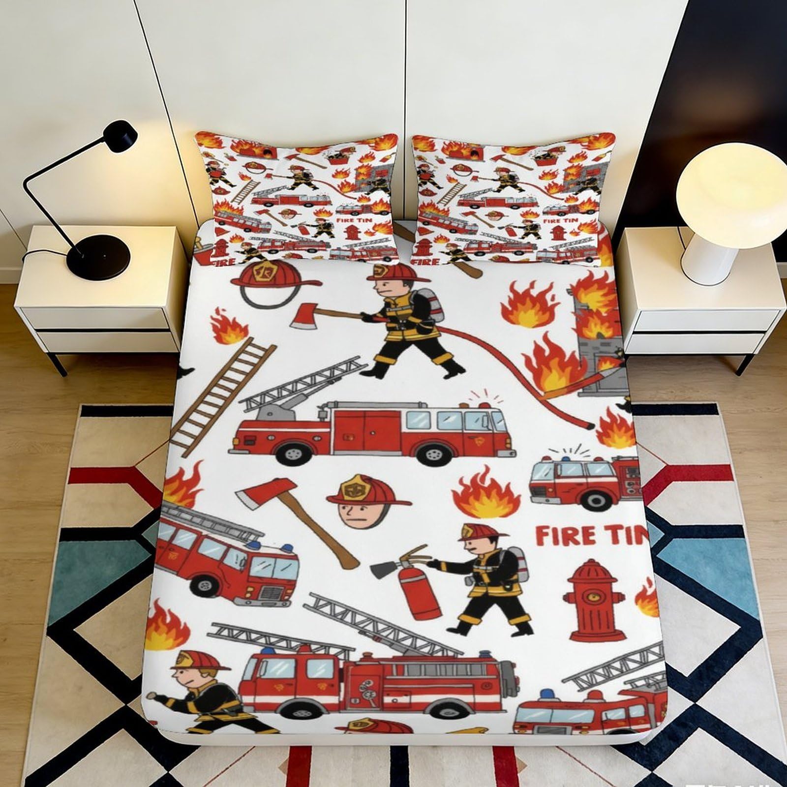 Pnayamiorkfel Style-6 3D Printed Firefighter Truck Fitted Sheet Microfiber Bedroom Decor Flame Hydrant Bed Cover Anti-Slip Easy Care 90X200x25cm