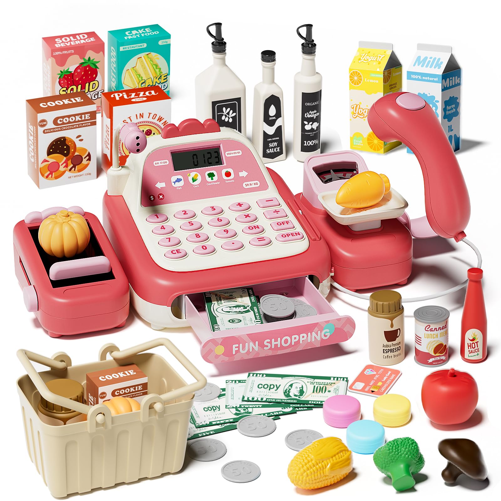 STACTCUTE 49Pcs Cash Register Toy Set for Kids, Pretend Play Grocery Store Cashier Playset with Conveyor Belt, Scanner, Weighing Scale, Calculator &