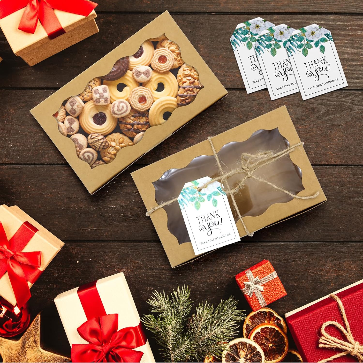 40 Pack 7 x 4 3/8 x 1.5 Inch Kraft Cookie Boxes with Clear Window | Premium Pastry Boxes with Tags and Ropes for Packaging Cookies, Candy, Desserts, Donuts, Pies and Cupcakes at Parties