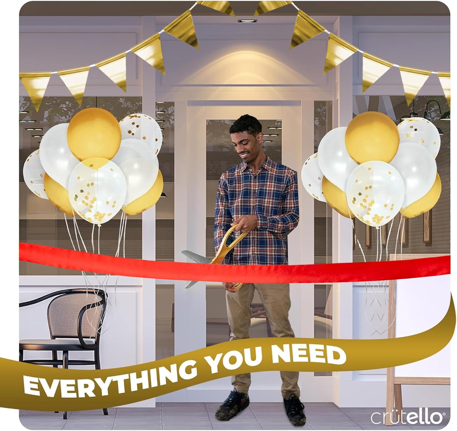 Crutello Ribbon Cutting Ceremony Kit - 20"Giant Scissors with Gold Handle, 20ft Sparkle Giant Red Ribbon 8"Wide, 24 Balloons, 2 Big Pennant Flags, 4 Streamers & Ceremonial Certificate