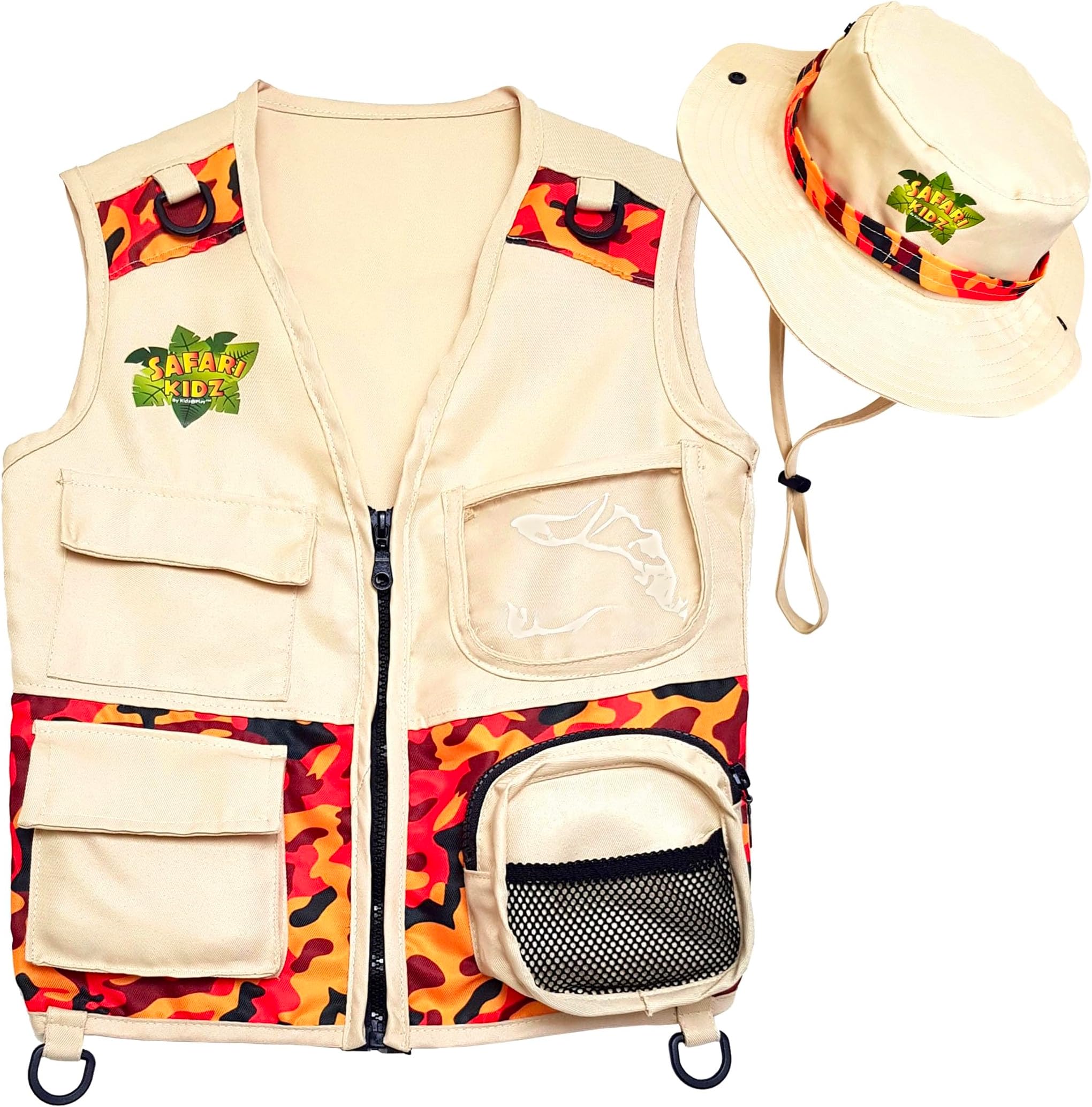 Safari Kidz Outdoor Explorer Kit - Orange Camouflage Cargo Vest and Hat Set, Backyard Nature Adventures, Washable Costume, Age 3+