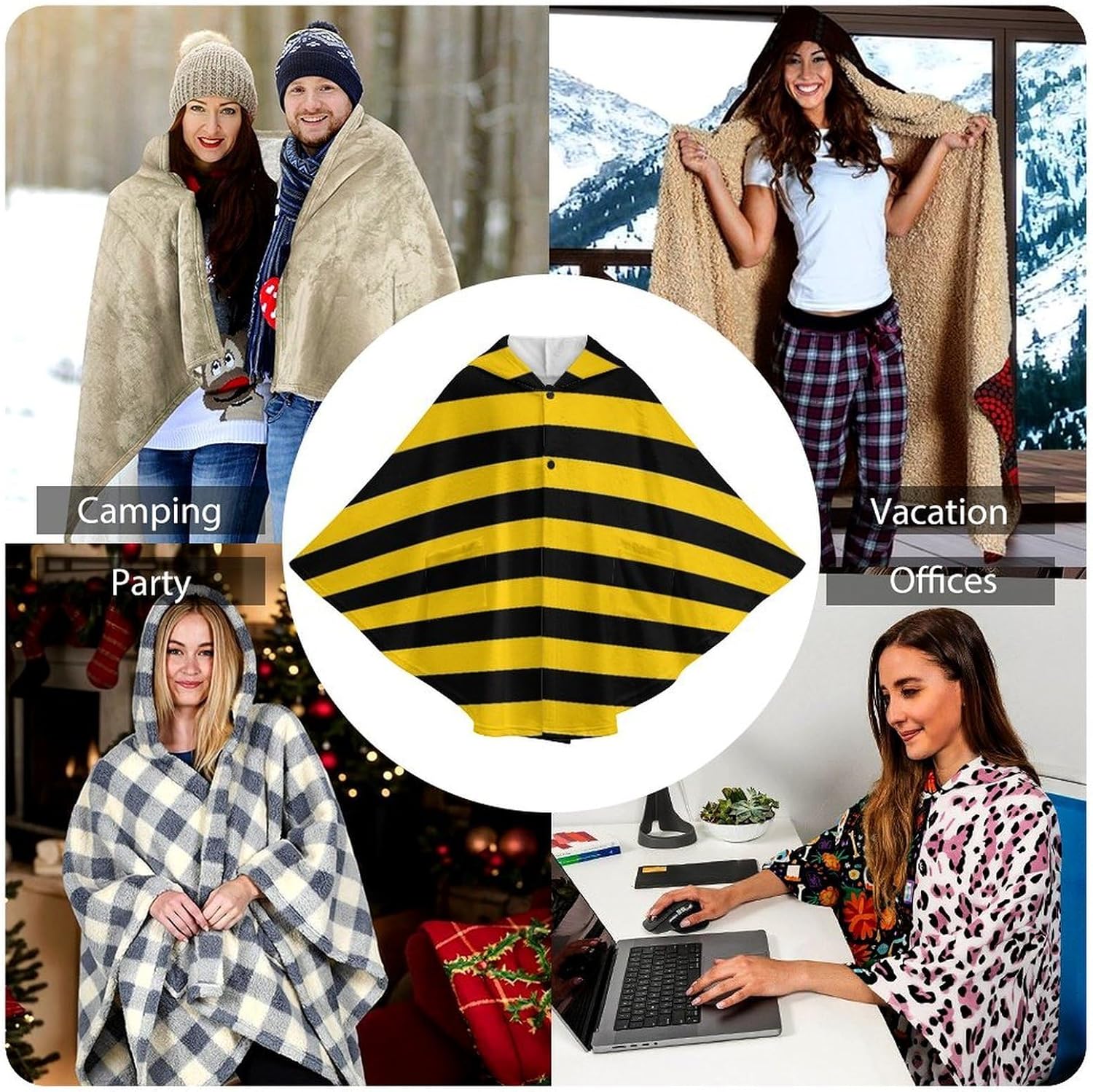 Bee Stripes Wearable Blanket with Hooded Flannel Blankets Cape with Pocket