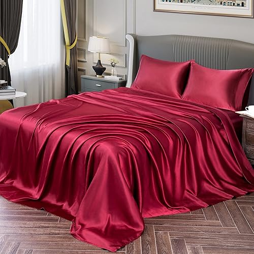 Miniatura 1 de Vonty Satin Sheets Queen Size Silky Soft Satin Bed Sheets Burgundy Sheet Set, 1 Deep Pocket Fitted Sheet + 1 Flat Sheet + 2 Pillowcases