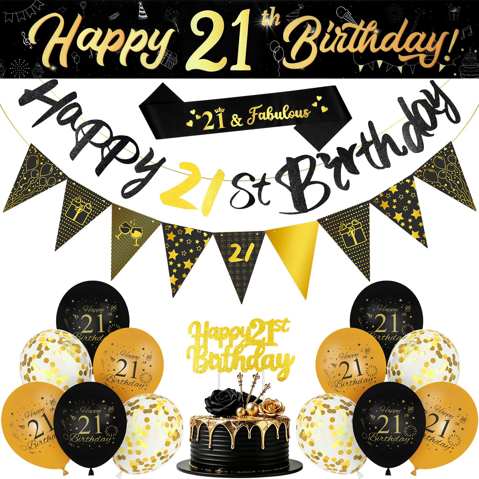AOOHA 21th Birthday Decorations,Black Gold Sequin Balloons Kit
