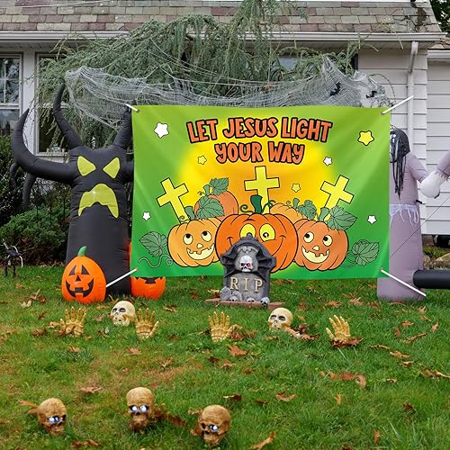 Miniatura 6 de Preboun 3 carteles de telón de fondo de calabaza cristiana de Halloween para fiestas, 40 x 60 pulgadas, decoración religiosa de tronco o trato,