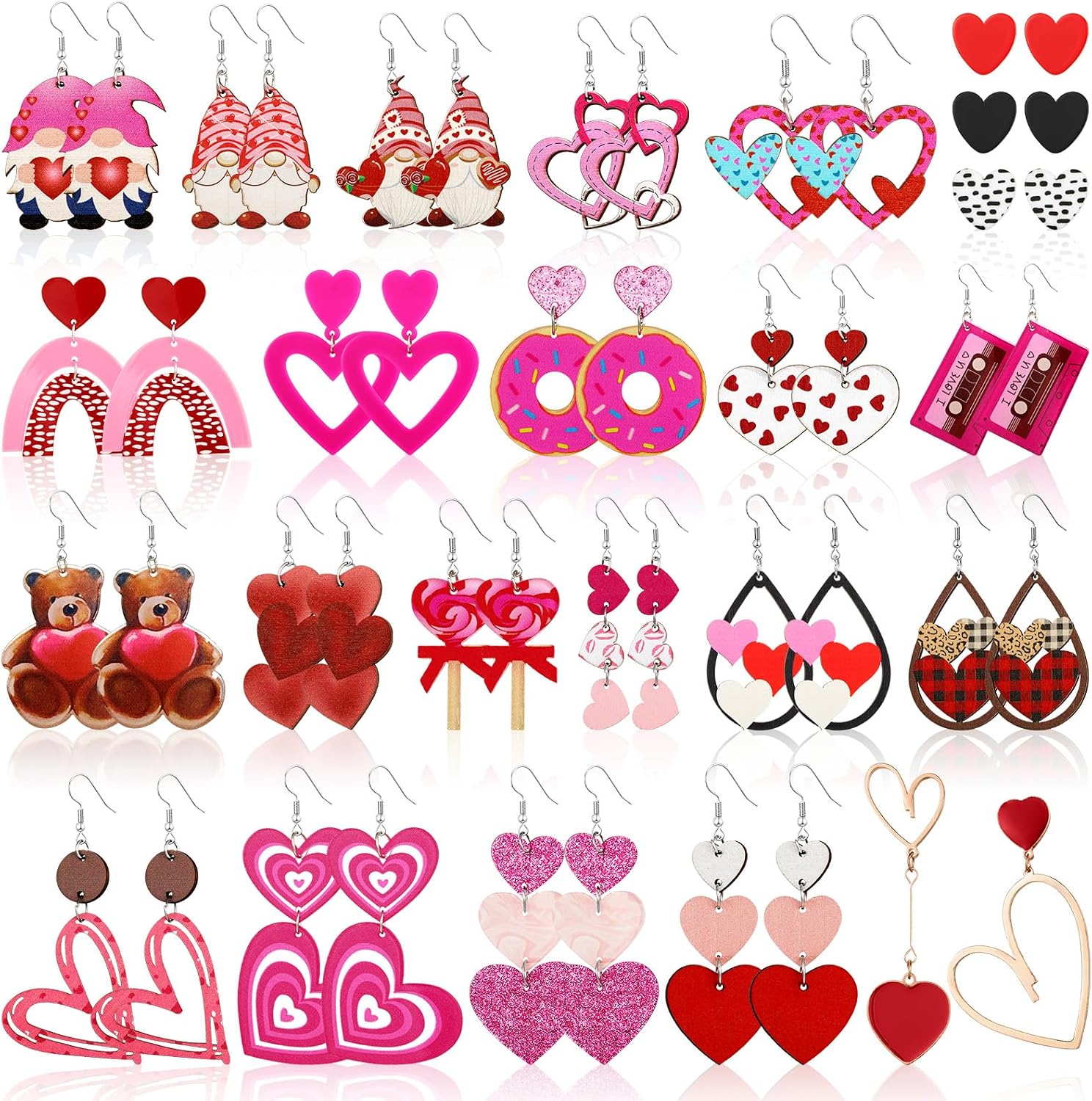 Ecation Valentine's Day Earrings Wood Bulk for Women Acrylic Red Pink Heart Dangle Earrings Cute Love Jewelry Dangling Gift