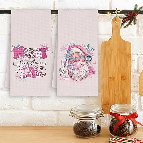 Miniatura 4 de Pink Merry Christmas Y'all - Juego de 2 toallas de cocina de Papá Noel, divertidas toallas de mano retro para decoración de baño de niñas, toalla de