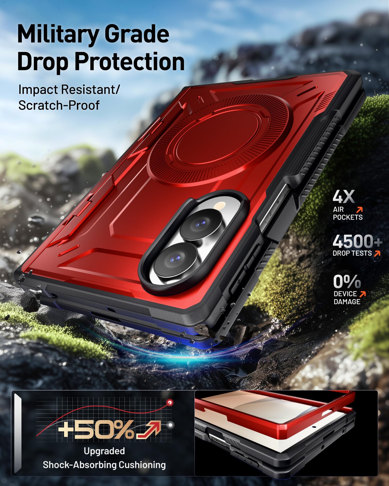 Poetic Custodia protettiva per Samsung Galaxy Z Fold 8, con cerniera, compatibile con MagSafe, pellicola protettiva in vetro temperato, robusta, antiurto, con cavalletto, colore: rosso metallizzato