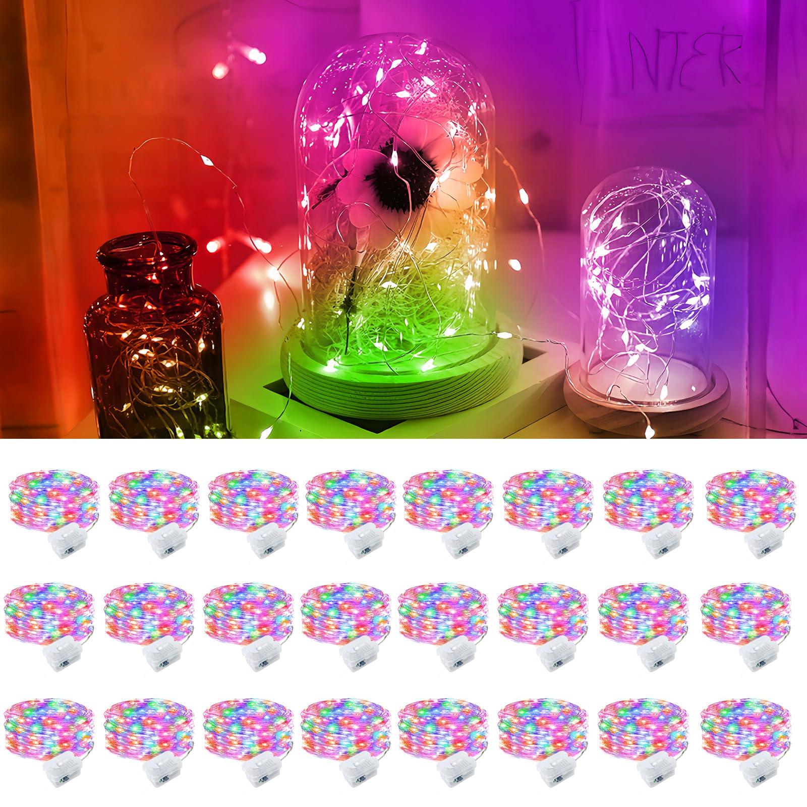 pozzolanas 24 Pack Multi-Colored Fairy Lights Battery Operated 3 Modes 7FT 20 LED Waterproof String Lights Twinkle Silver Wire for Mason Jars Wedding