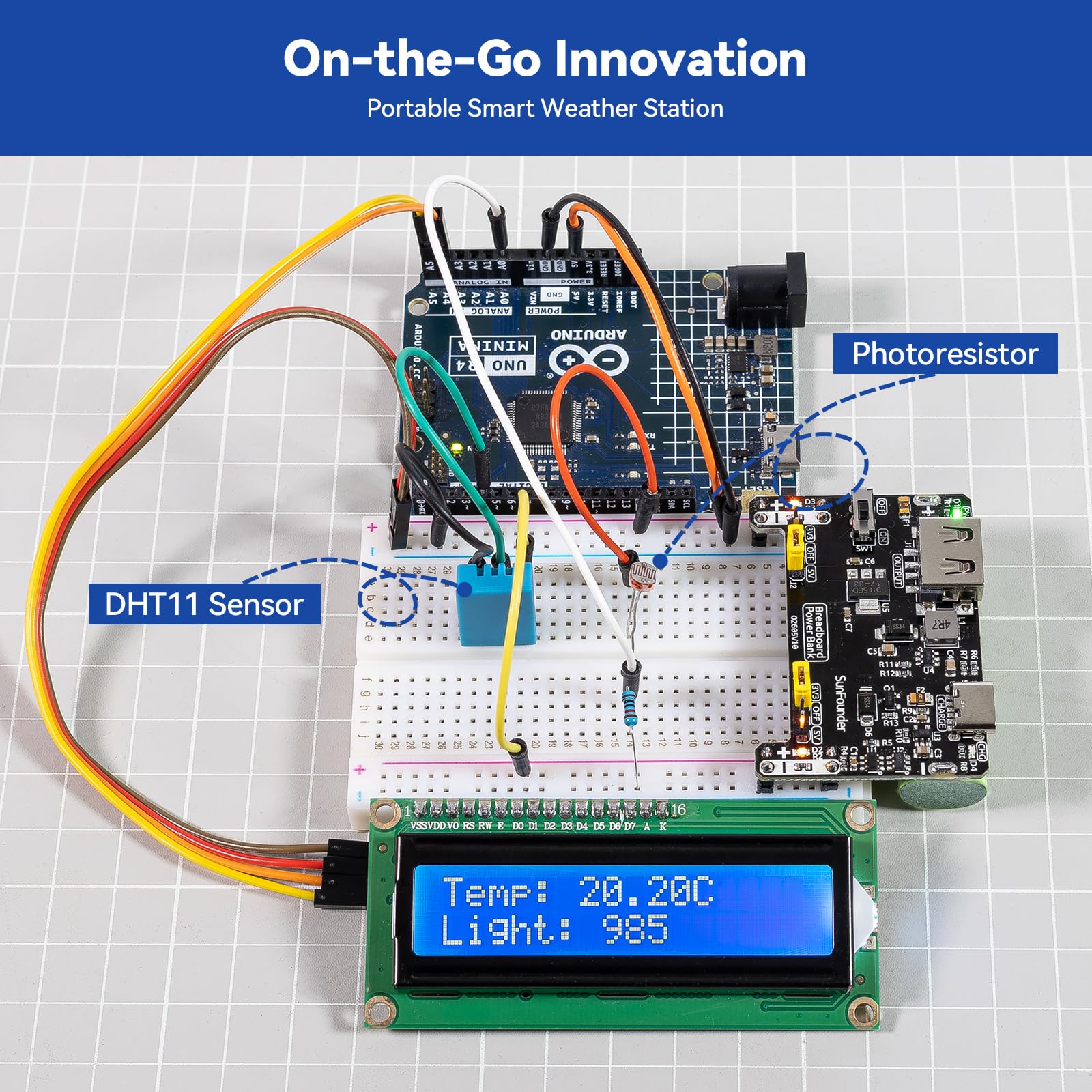 SunFounder BreadVolt Breadboard Power Supply Module Compatible with Arduino,Built-in Rechargeable Battery,Raspberry Pi,PicoW,ESP32,5V/1.5A,3.3V/1A,USB Output(Breadboard Not Included) - 5