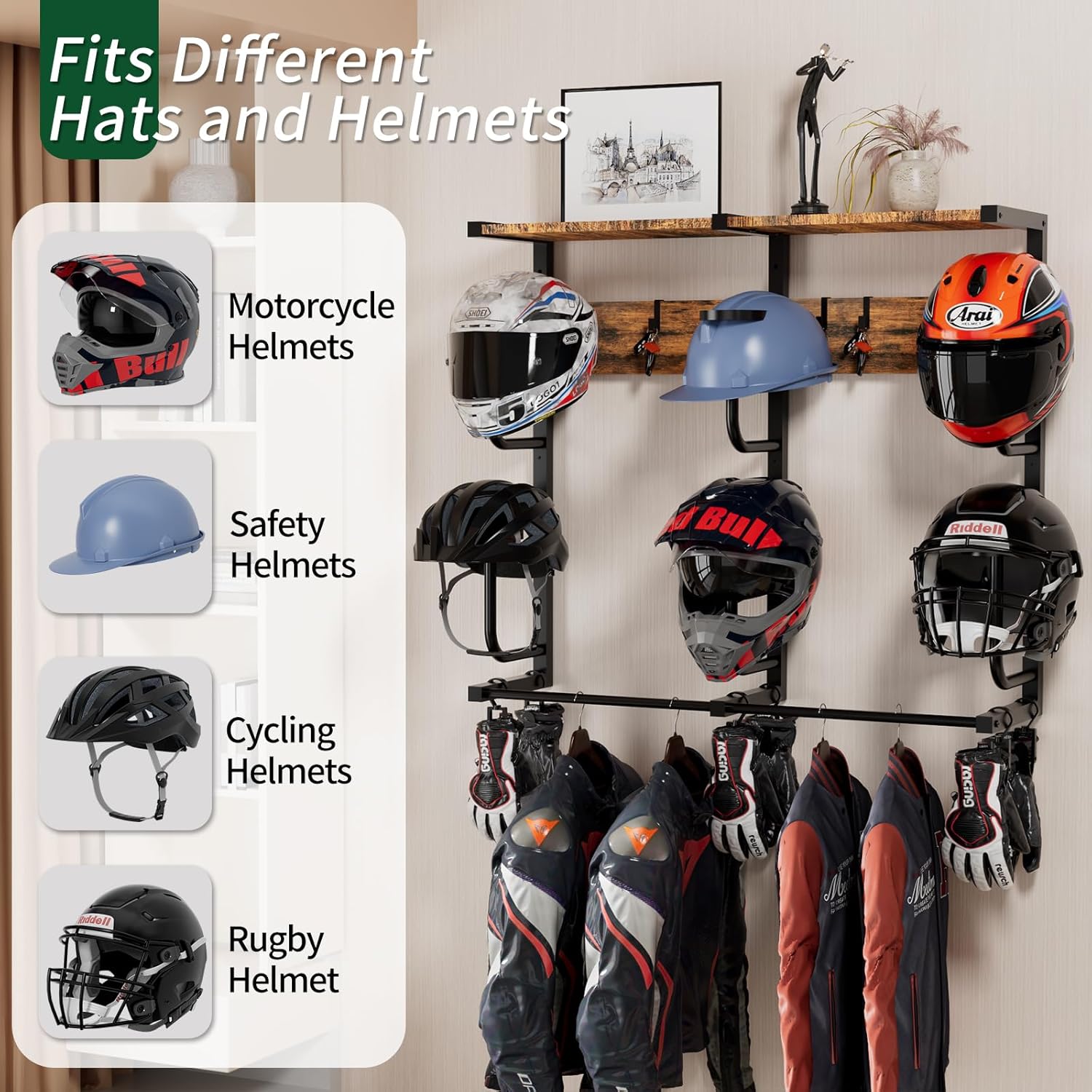Motorcycle Helmet Rack with 6 J-hooks& 6 Clip Hooks – Wall Mounted Helmet Holder Stand for 6 Helmets, Riding Suits & Accessories, Sturdy Construction Storage Organizer for Entryway or Garage 6hook-Retro