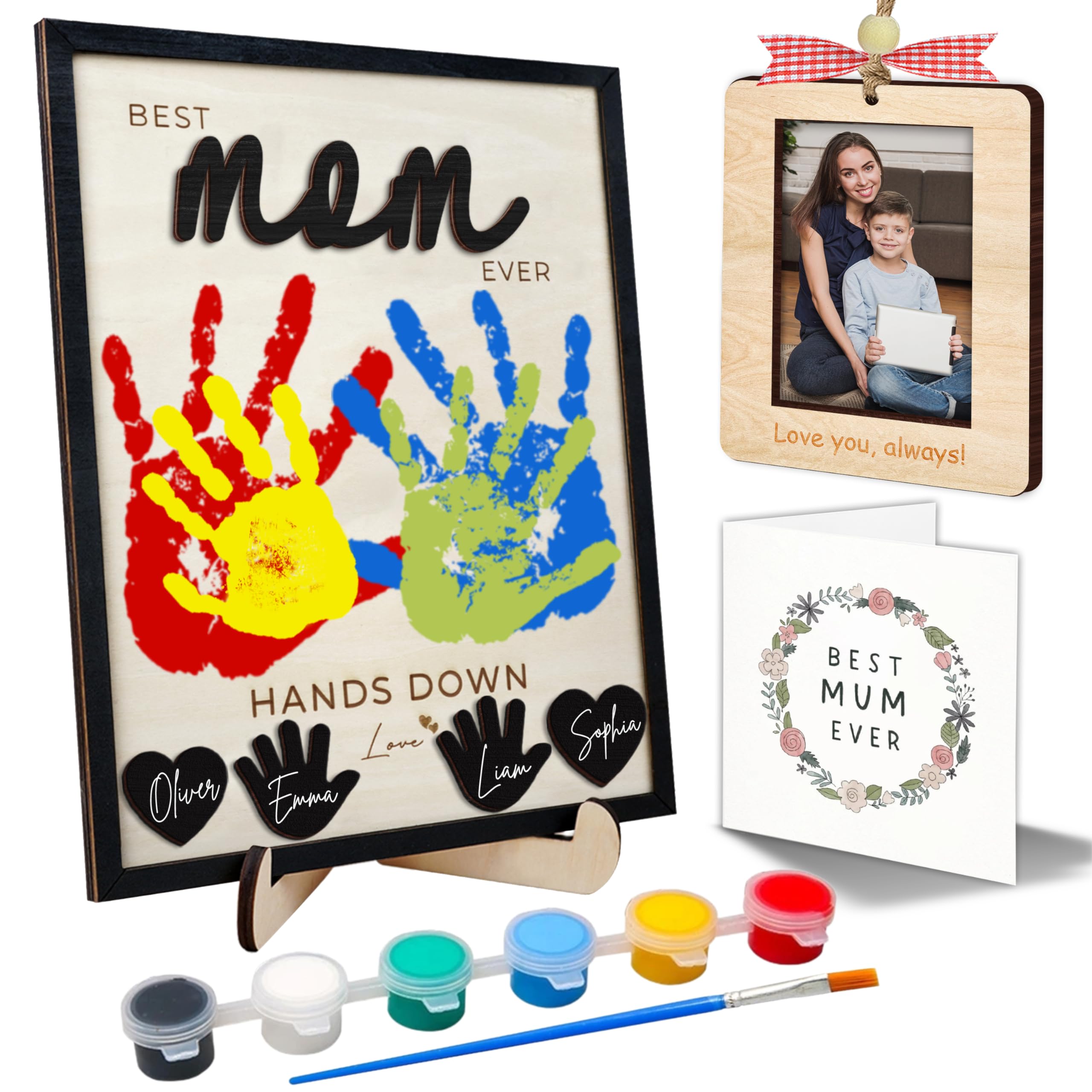 Photo 1 of 10" Hands Down Best Mom Ever Sign DIY Kids Gifts For Mom Handprint Kit with Acrylic Paints, Toddler Craft Birthday Gift Mother's Day Keepsake for Mum, Family Plaque with Daughter, Son Names HF90-M