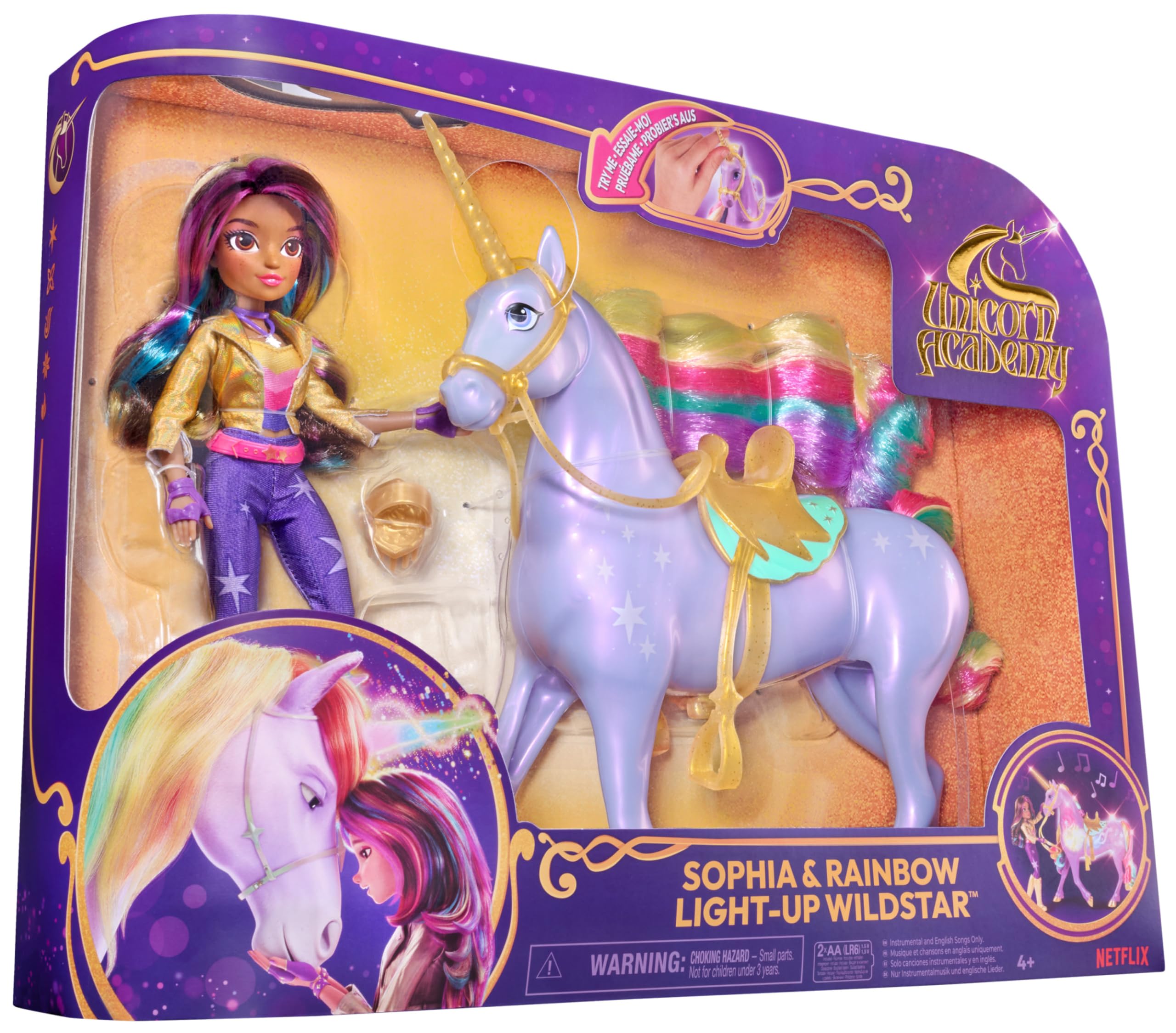 Unicorn Academy - Sophia und Licht-Magie Wildstar Deluxe Set, 28 cm Einhorn mit Lichteffekten und Musik, 24 cm Ankleidepuppe, passend zur Netflix Serie, ab 4 Jahren