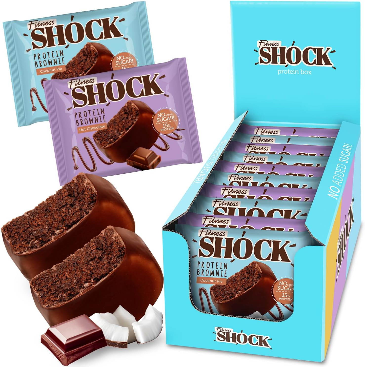 Chocolate Brownie Mix Box without Added Sugar, 15% Protein, satiating dietary fibre, Soft Texture, 10 Pieces, 50g - Chocolate and Coconut