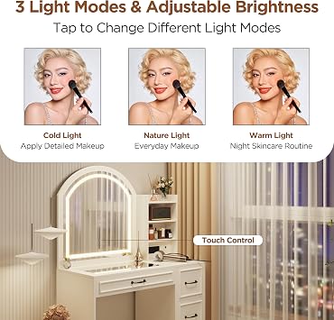 Makeup Vanity Desk with Mirror and Lights 3 Colors, Modern Dressing Table with Transparent Glass Tabletop, 4 Drawers, 3 Storage Shelves, Power Outlet, Vanity Table for Bedroom, Bathroom