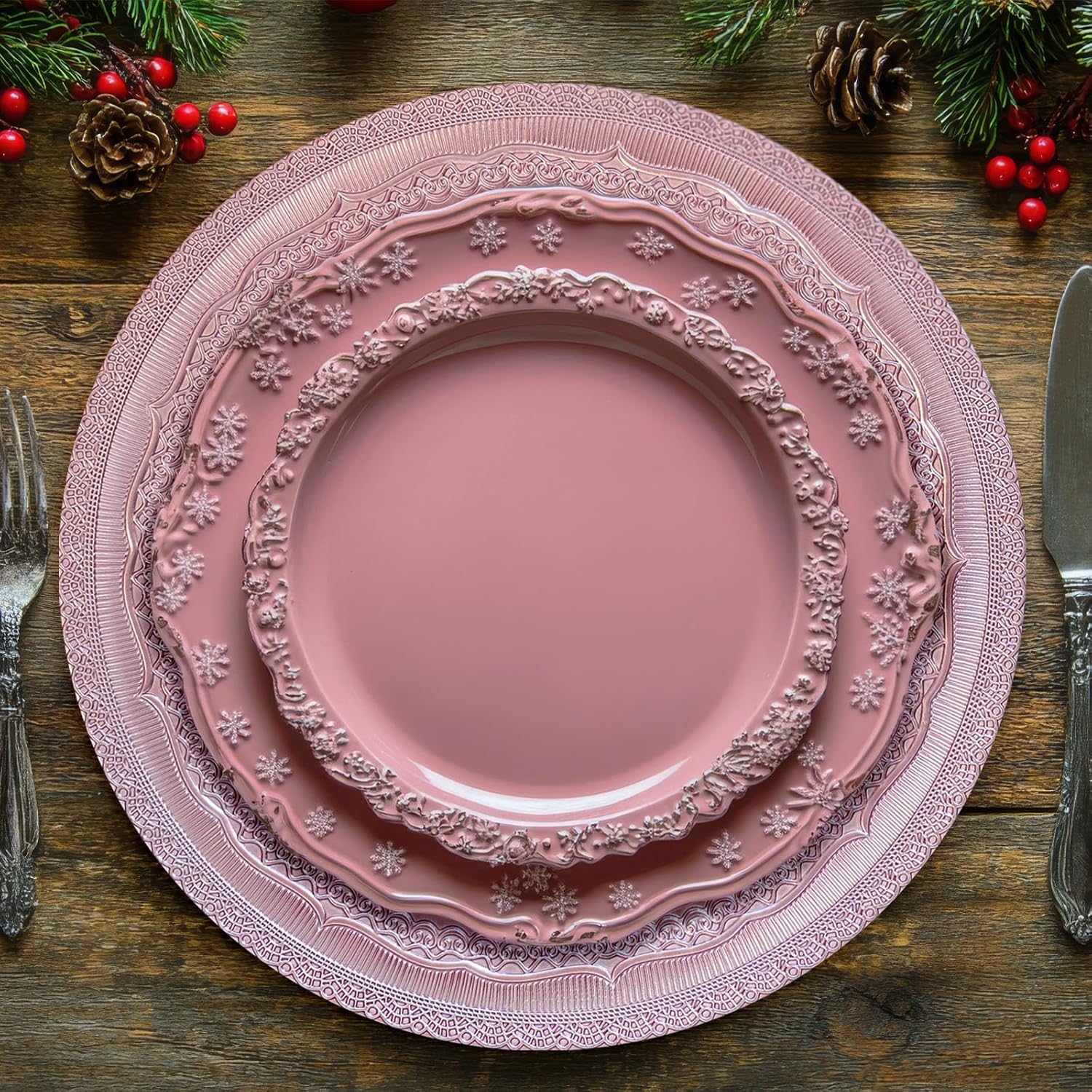 13" Foil-Pink Charger Plates, Lace Embossed Elegant Charger Plate Set of 6, Round Server Ware Chargers for Dinner Plate, Reusable Bulk Table Setting for Party or Event - Image 4