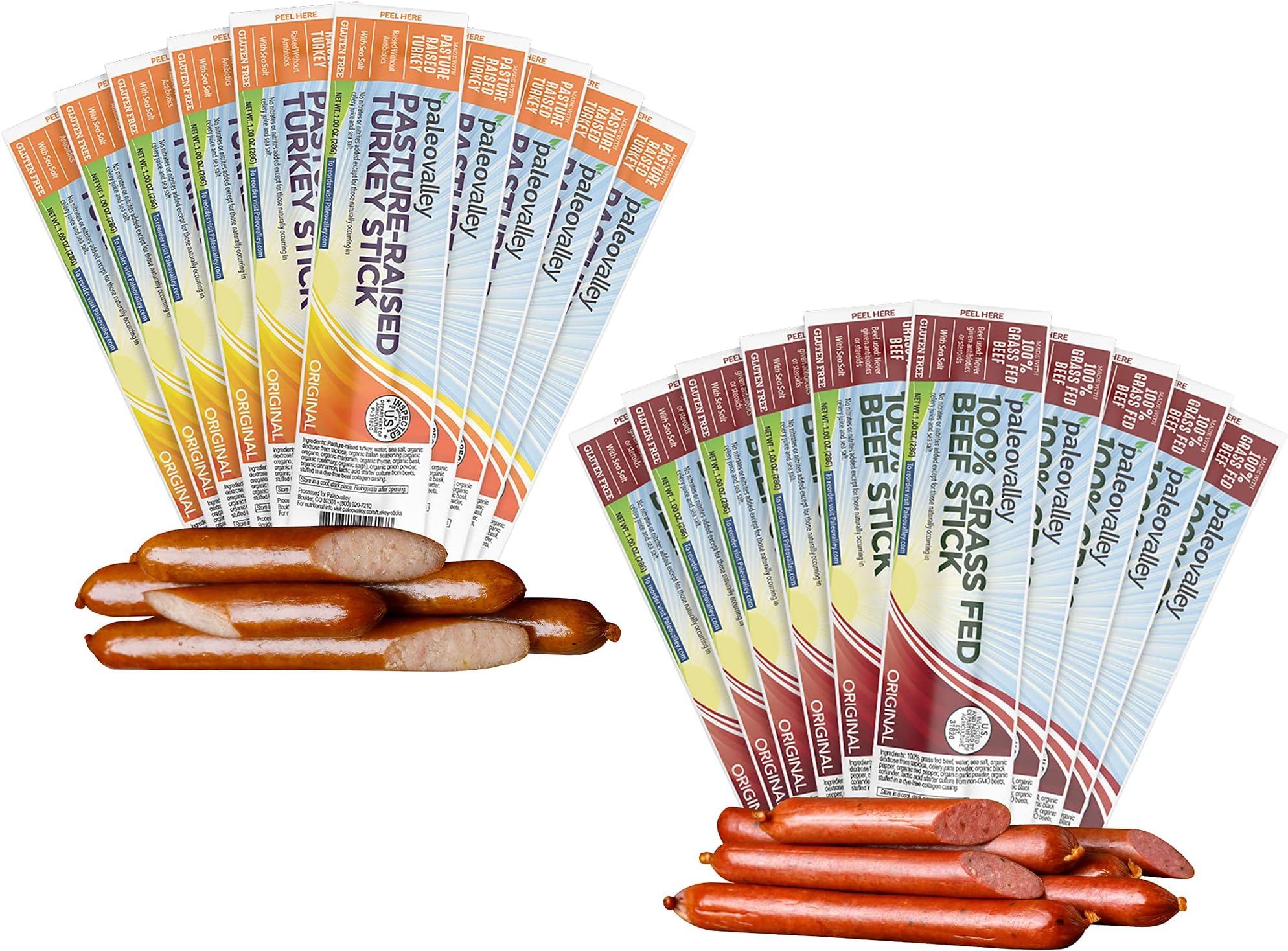 Paleovalley 100% Grass Fed Beef Sticks, Original (10 ct) and Turkey Sticks, Original (10 ct) Bundle - Delicious Paleo Keto Snacks With Probiotics - Gluten Free - Shelf Stable - Made in the USA