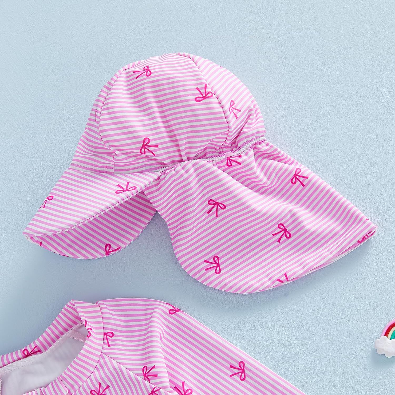 KMBANGI Newborn Toddler Baby Girl Bows Swimsuit Seersucker Bathing Suit Long Sleeve Stripes Rash Guard Cute Swimwear with Hat
