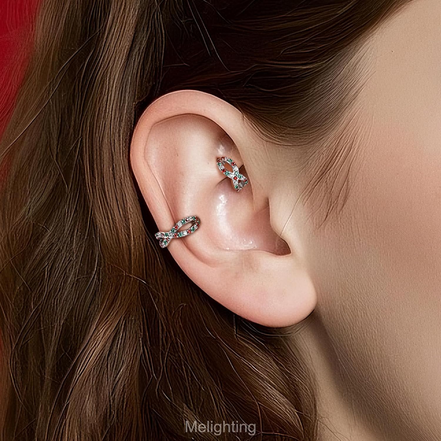 Melighting 20G Double Nose Ring Hoop, Christmas Element Hinged Segment Earring, 316L Surgical Steel Helix Cartilage Conch Lobe Ring, Colorful CZ Body Piercing Jewelry for Women 6/8 mm - Image 7