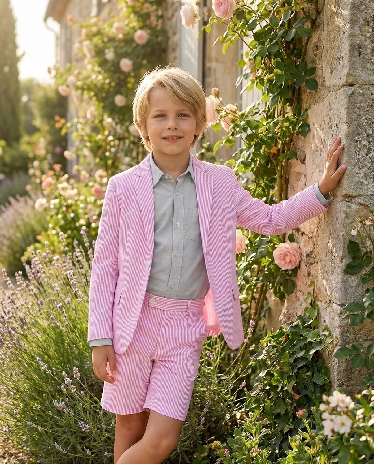 Seersucker Short Suits for Boys Wedding Outfit Boys Suit Set Shorts and Jacket