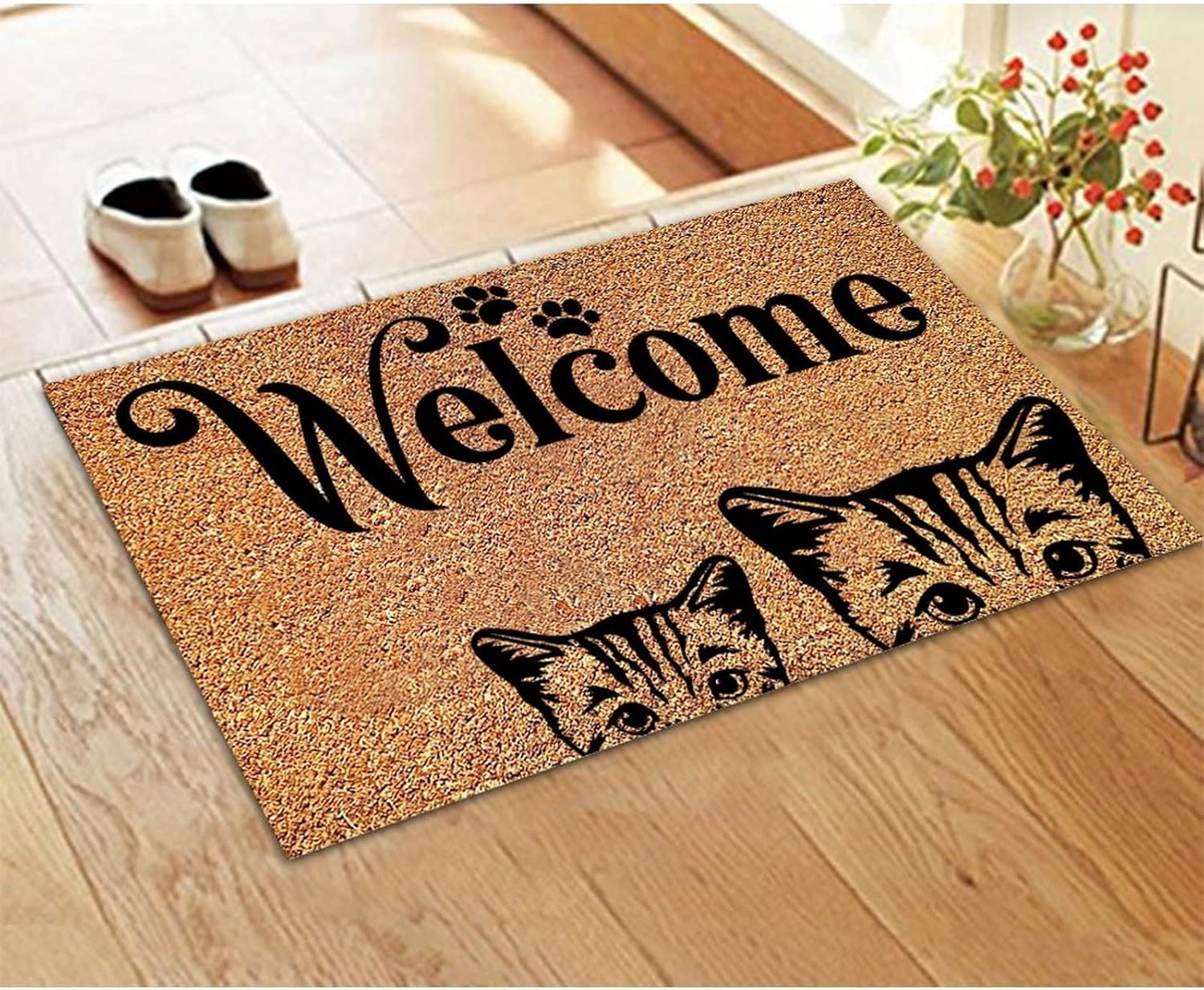 Welcome Cat Door Mats Cat Paws Footprint Recessed Area Entrances Coconut Coir Rugs Natural Machine Washable Pet Cat Lover Gifts 24x36in