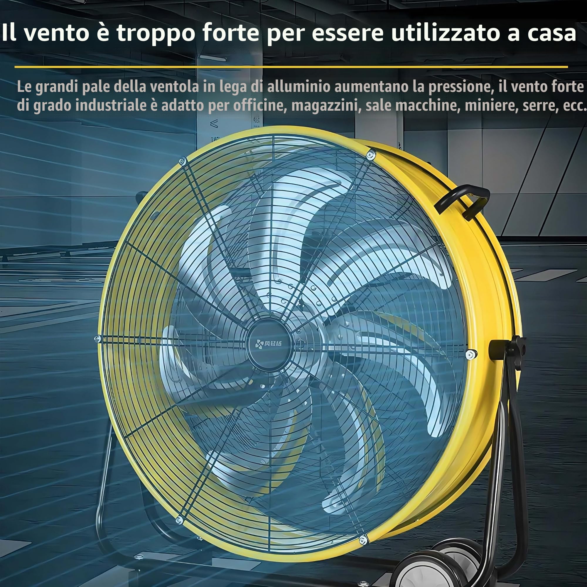 Grande ventilatore industriale a tamburo a 3 velocità, ventilatore da pavimento ad alta velocità con ruote e maniglia incorporate per garage, magazzini, officine, fabbrica e seminterrato