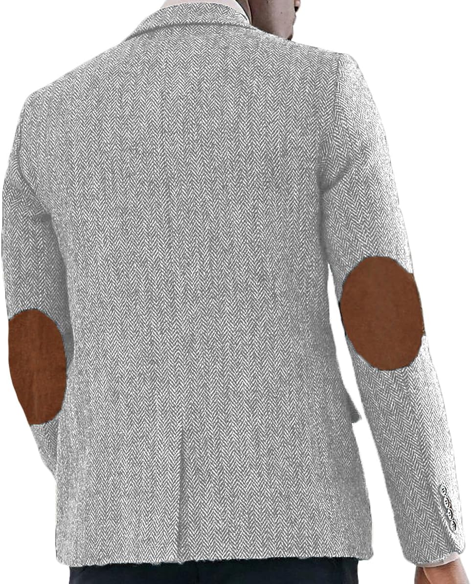 VENNYNG Men's Tweed Blazer Suit Jacket with Elbow Patches Single Breasted Male Short Vintage Trench Coat