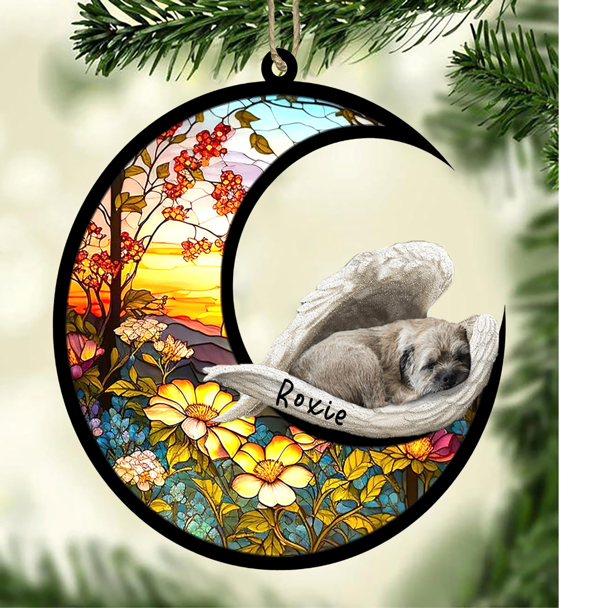 Personalized Border Terrier Dog Memorial Suncatcher, Border Terrier Christmas Ornament with Name, Pet Loss Catcher, Gifts for Dog Lovers Loss of Dog, Border Terrier Sleep on Haven