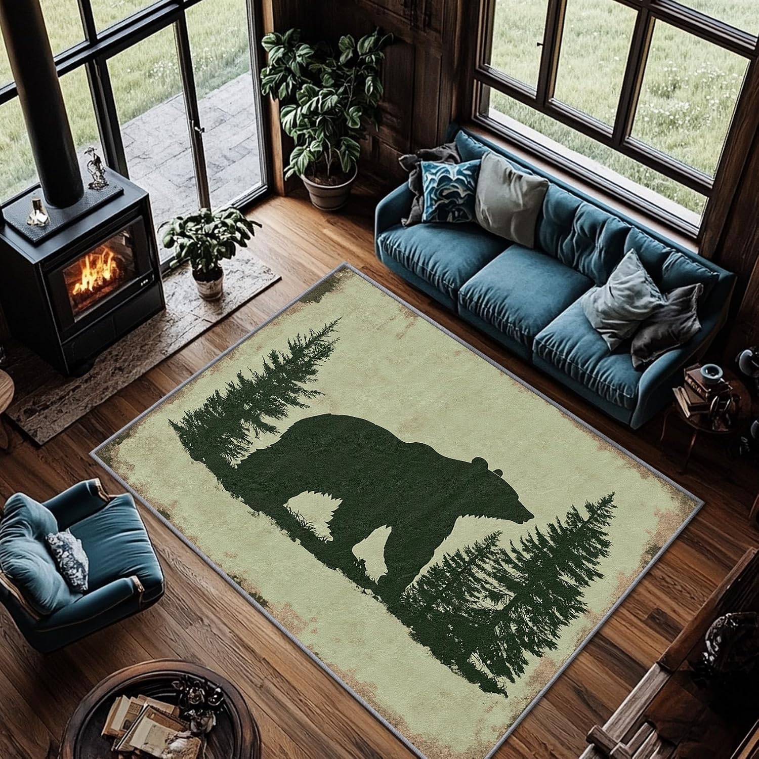Bear Rugs for Cabin - Bear Rug, 5x7 Rug, Rustic Wildlife Silhouette Area Rug, Farmhouse Wild Animal Carpet, Washable & Non Slip & Soft Large Rugs, Bear Home Decor