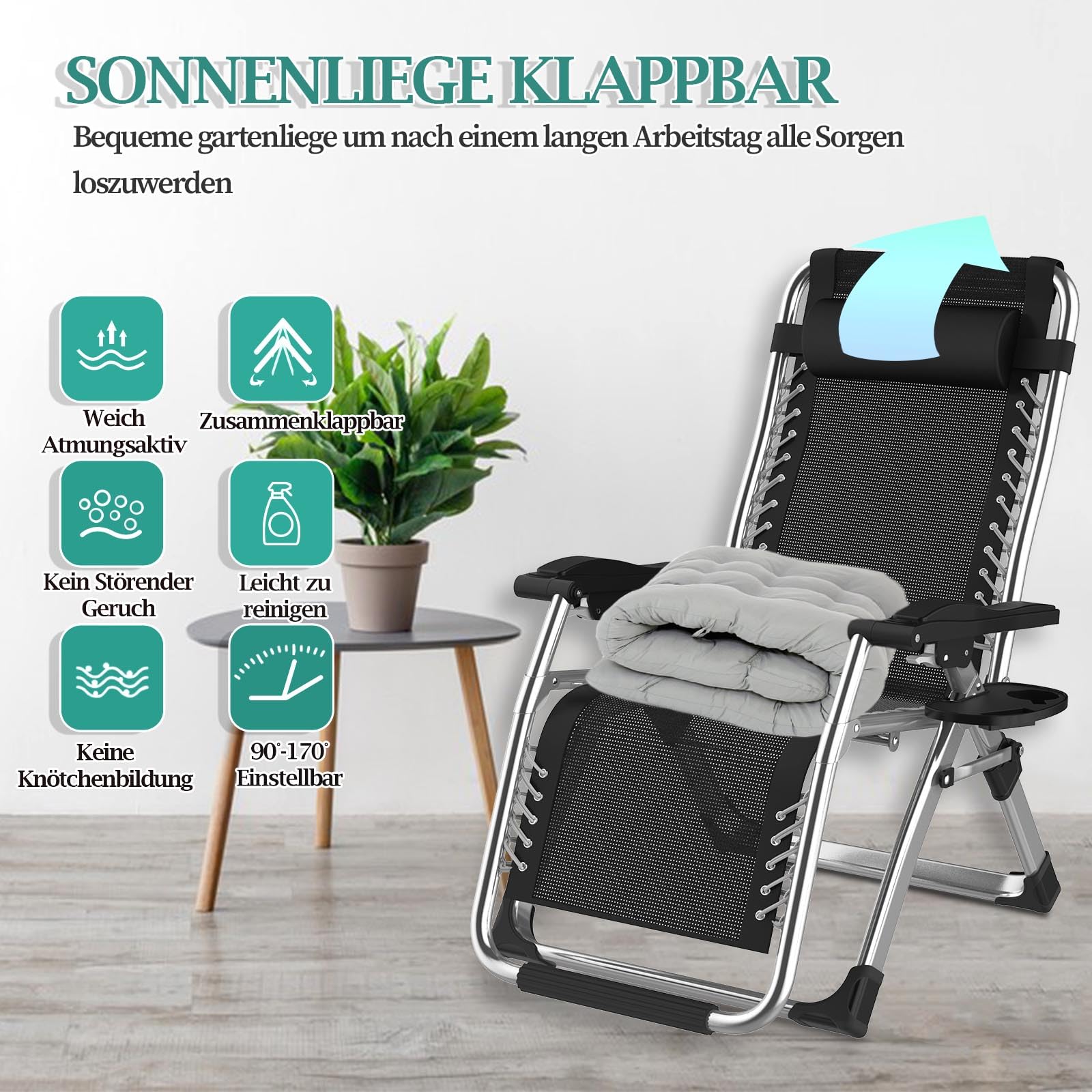 Fiutazge Tumbonas Jardín Exterior de 72cm,Silla de Jardín,Tumbona Plegable con Respaldo Ajustable,Cojín,Reposacabezas,Portavasos,Ergonómico Tumbona de Relax para Camping y Balcón,Gris