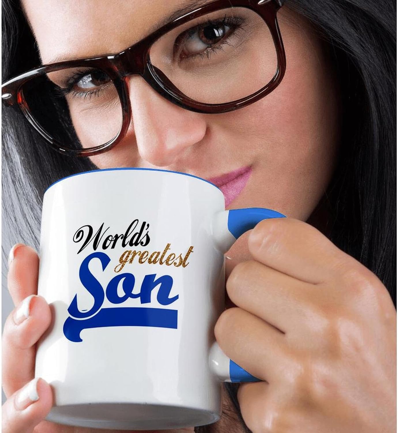 3dRose Worlds Greatest Son - Best son in the world - blue text on white in sporty font for your little boy 15oz Two-Tone Blue Mug - Image 2