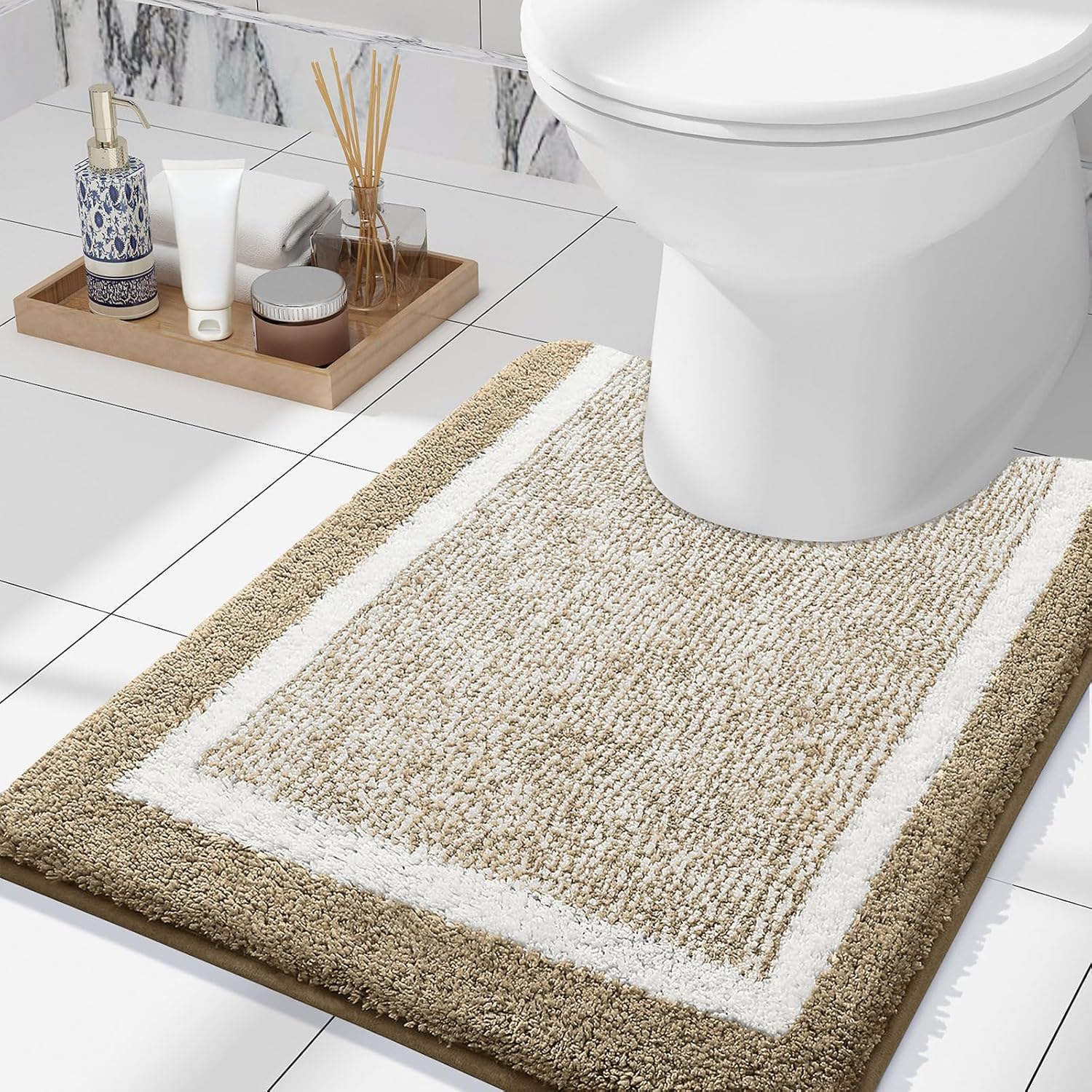 OLANLY Toilet Rugs U-Shaped 24x20, Extra Soft and Absorbent Microfiber Bathroom Rugs, Non-Slip, Machine Wash Dry, Plush Shaggy Contour Bath Mats for Toilet Base (Tan and White) Tan and White 24" x 20" Contour Rug