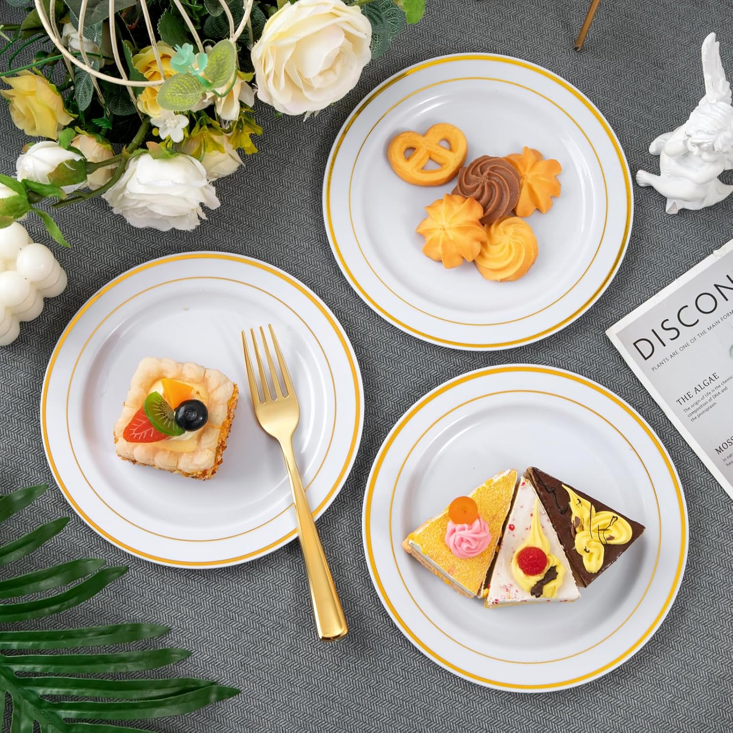 WELLIFE 144Pcs Gold Dessert Plates, 7.5 Inch Plastic Appetizer plates, Heavy Duty plastic Party Plates, White and Gold Plastic plate for Party and Wedding