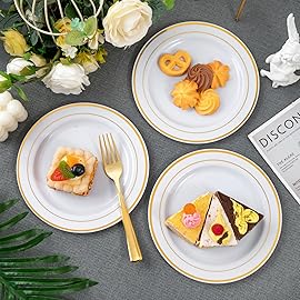 WELLIFE 144Pcs Gold Dessert Plates, 7.5 Inch Plastic Appetizer plates, Heavy Duty plastic Party Plates, White and Gold Plastic plate for Party and Wedding