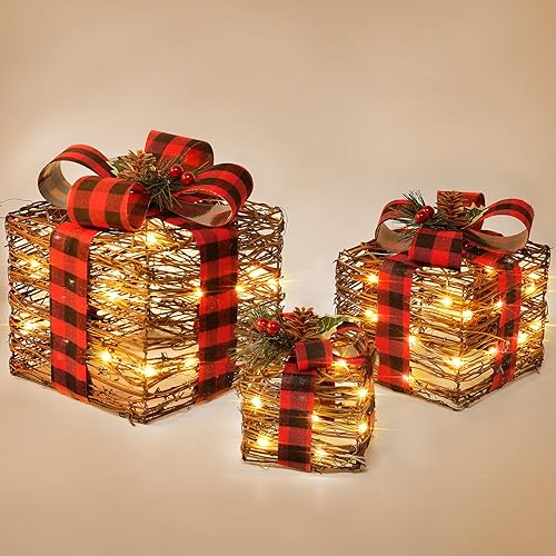 LAWOHO Juego de 3 cajas de regalo iluminadas de Navidad, cajas de regalo de ratán marrón con lazos, cajas de regalo de Navidad LED para decoraciones