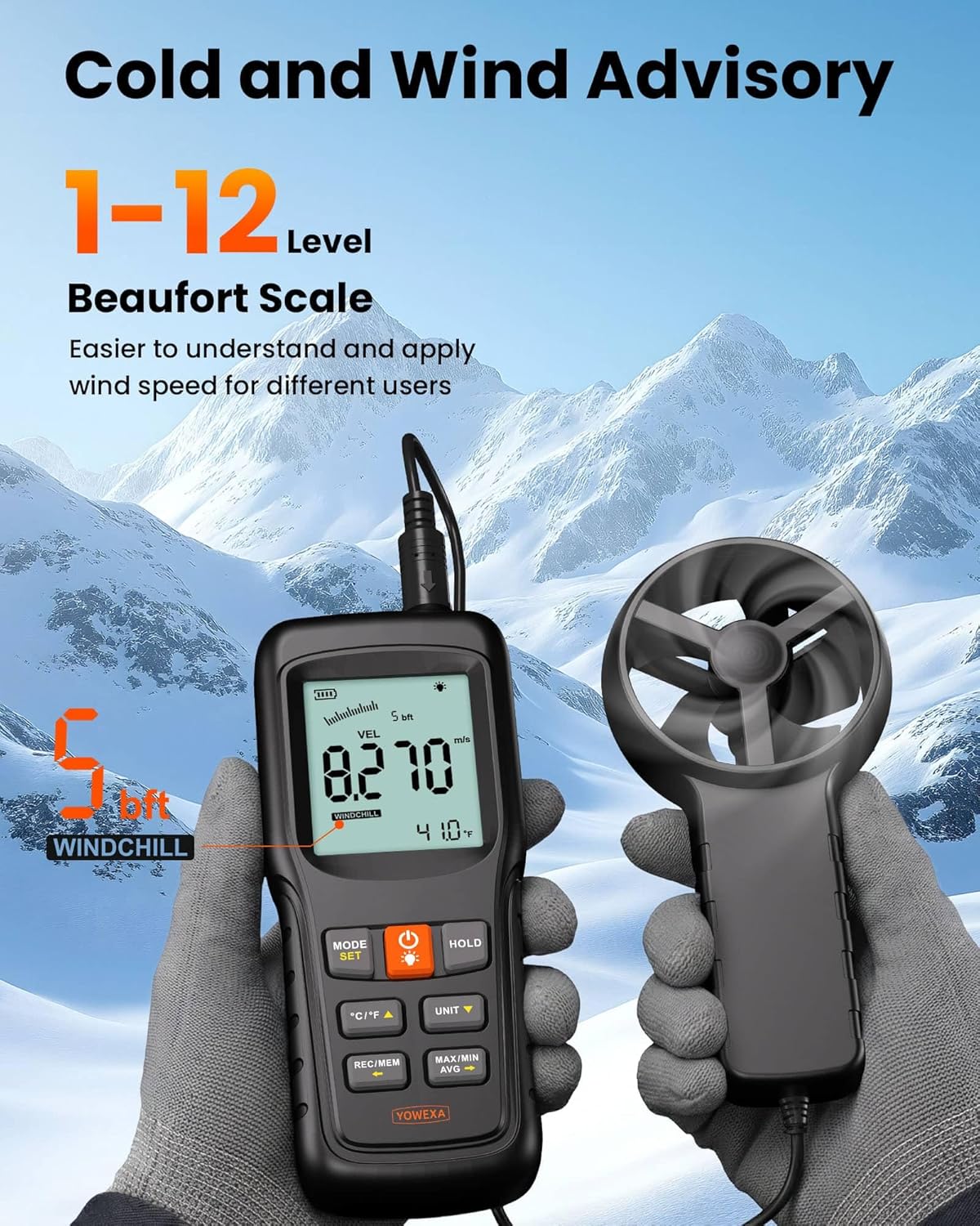 5-in-1 Split Anemometer for Wind Flow, Speed, Temp, Level, Windchill, YOWEXA Air Flow Meter with Big Backlit Screen, Wind Meter Supports Data Storage, Tripod Socket for HVAC Drone Sailing Hunting